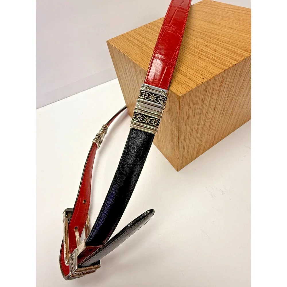 Reversible Leather Belt Red Black Swivel Buckle Silver Hardware Adjustable